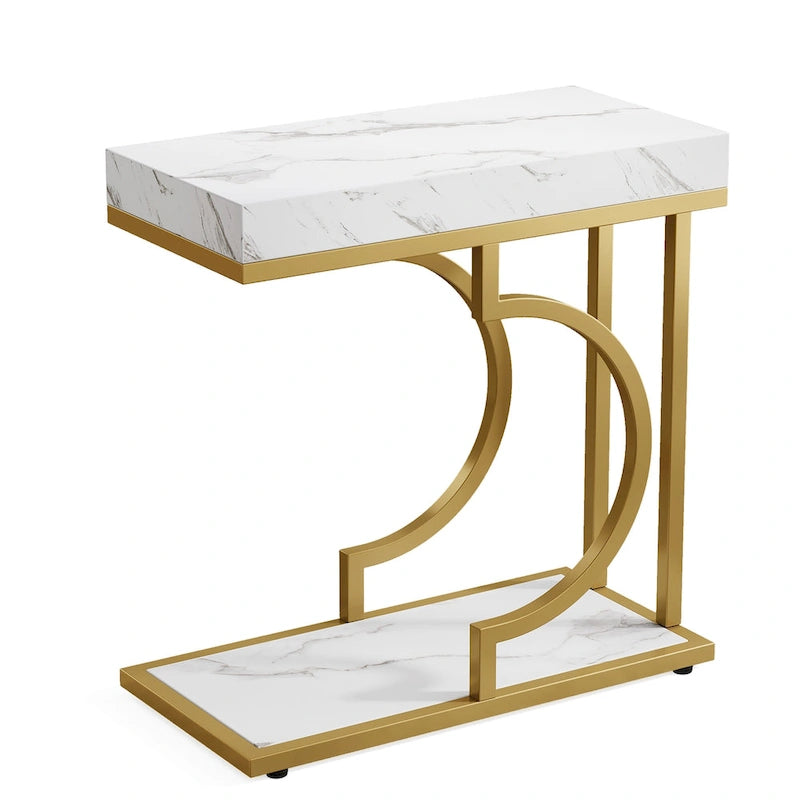 2 Tiers C Shaped Narrow End Chairside Table for Living Room