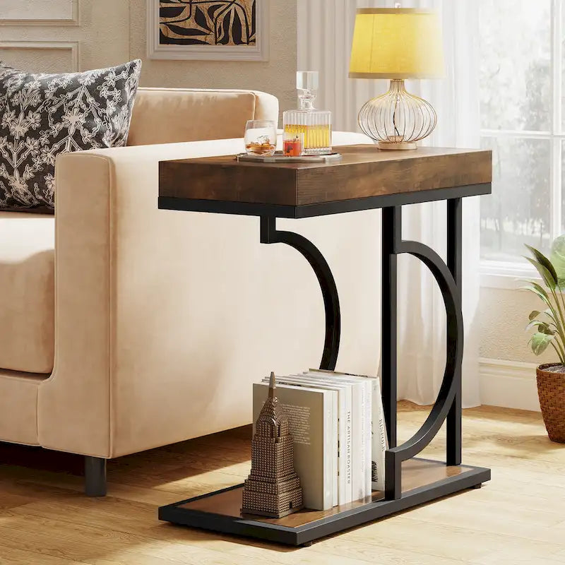 2 Tiers C Shaped Narrow End Chairside Table for Living Room