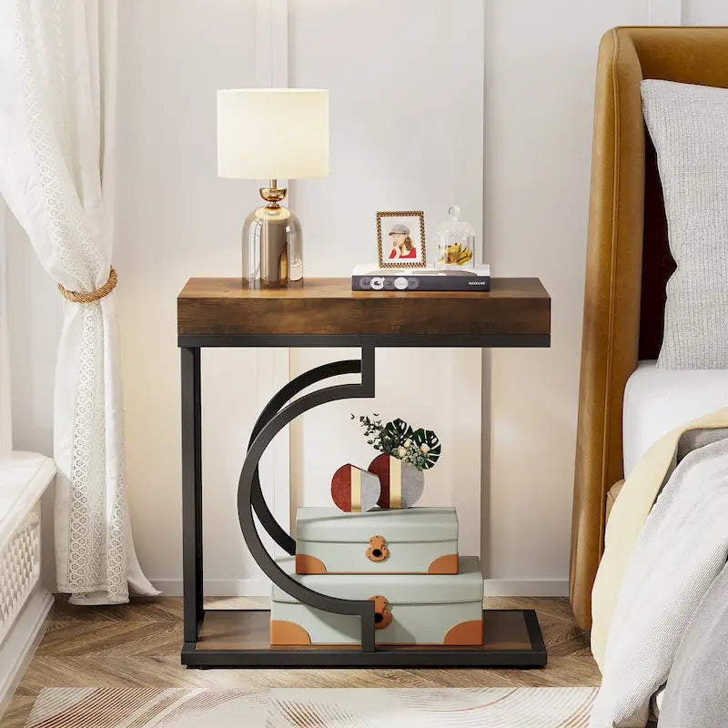 2 Tiers C Shaped Narrow End Chairside Table for Living Room
