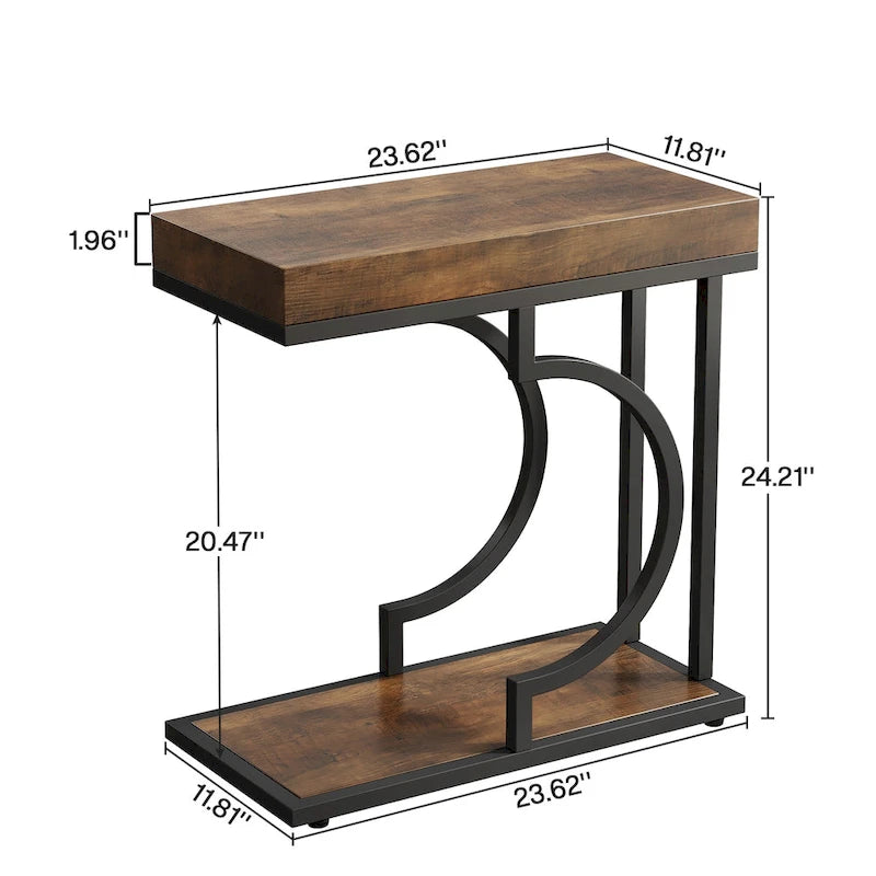 2 Tiers C Shaped Narrow End Chairside Table for Living Room