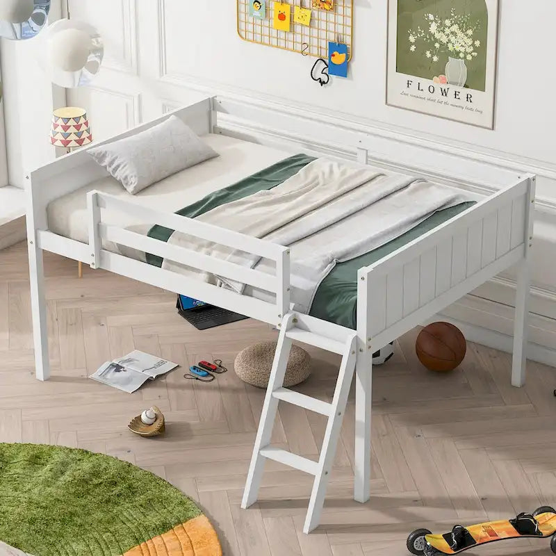 Full Size Wood Low Loft Bed with Ladder, ladder can be placed on the left or right