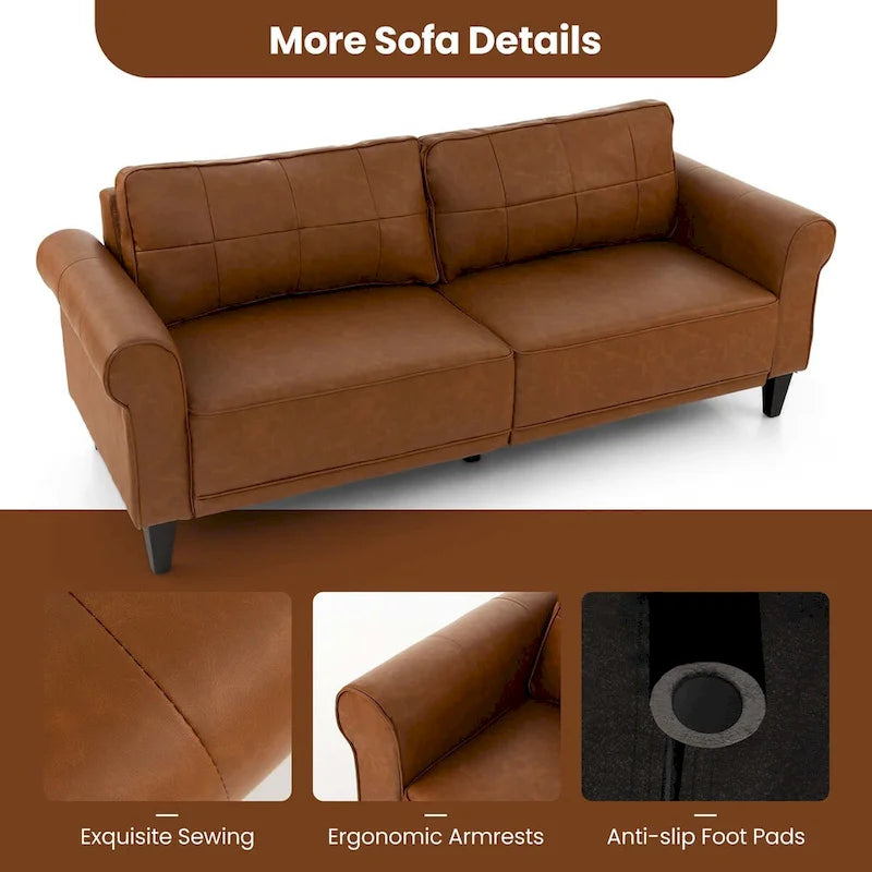 Modern Sofa Couch PU Leather 3-Seater with 2 Back Pillows Wooden Legs