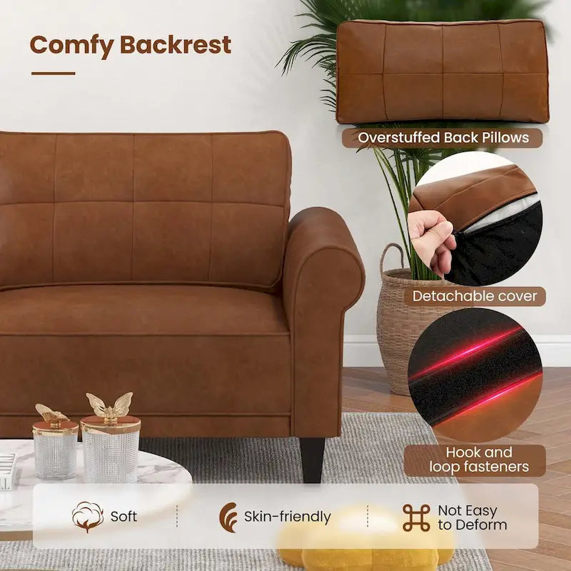 Modern Sofa Couch PU Leather 3-Seater with 2 Back Pillows Wooden Legs