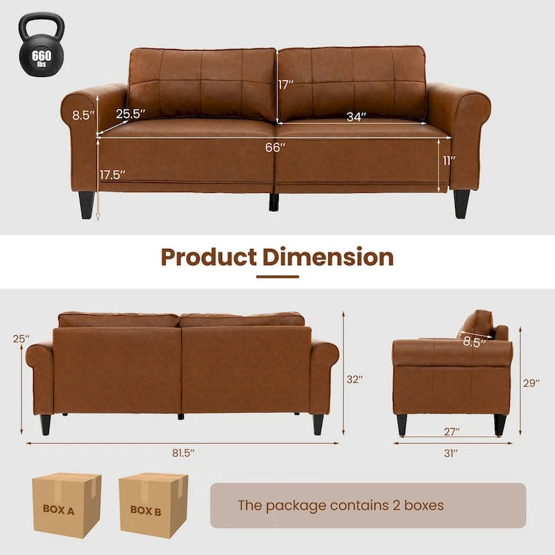 Modern Sofa Couch PU Leather 3-Seater with 2 Back Pillows Wooden Legs