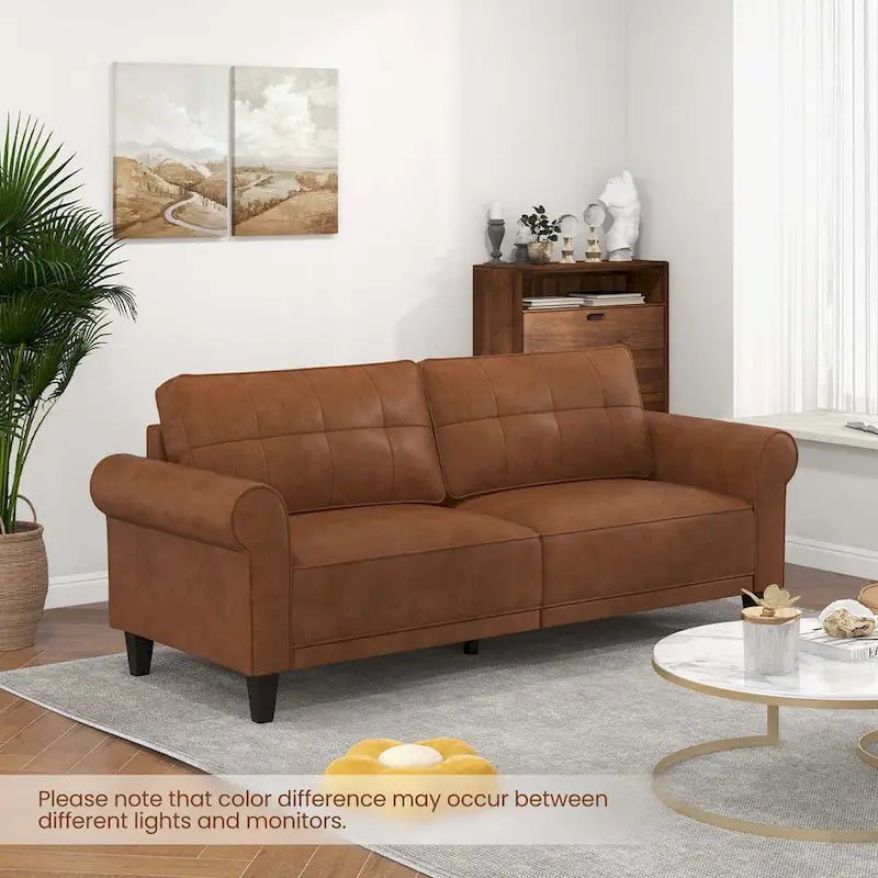 Modern Sofa Couch PU Leather 3-Seater with 2 Back Pillows Wooden Legs