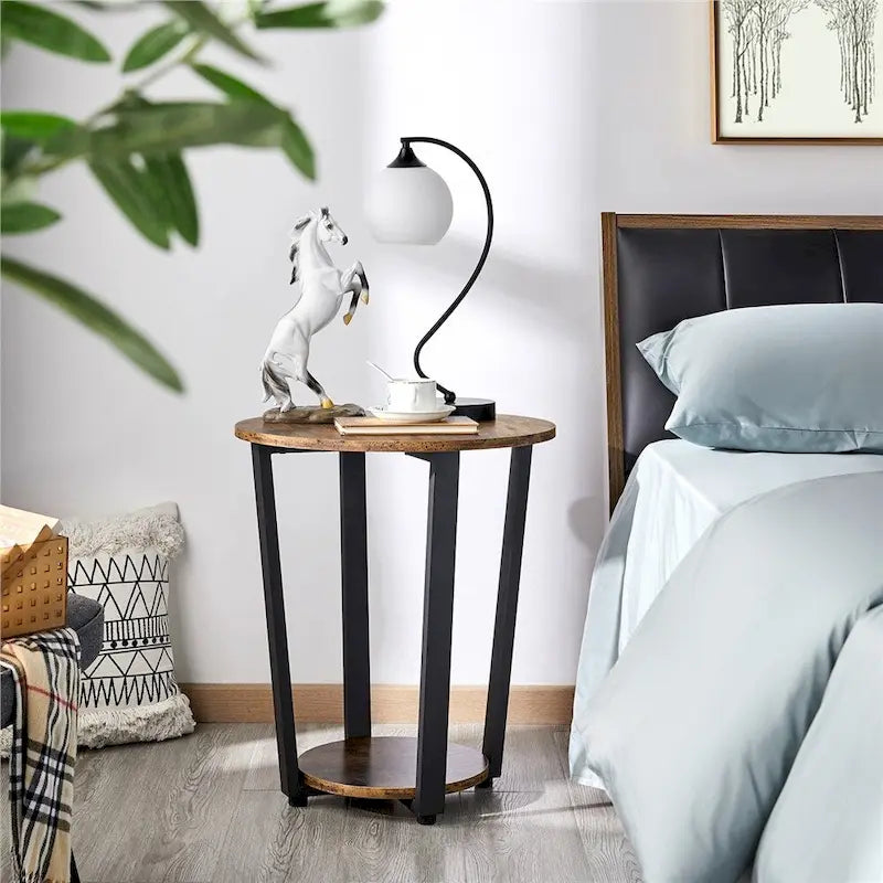 Metal Side Table Round End Table with Storage Rack