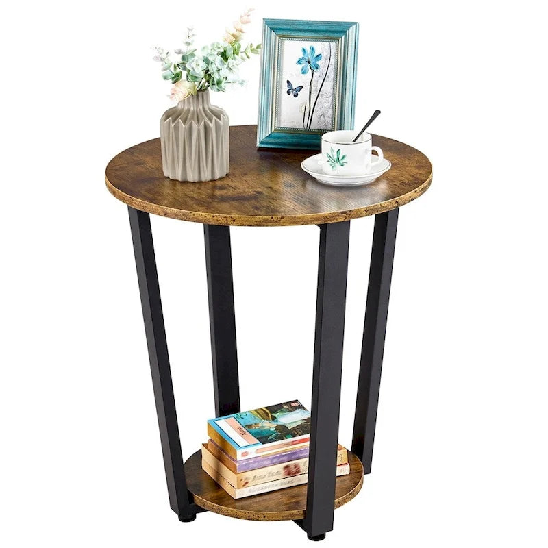 Metal Side Table Round End Table with Storage Rack
