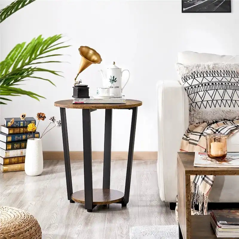 Metal Side Table Round End Table with Storage Rack