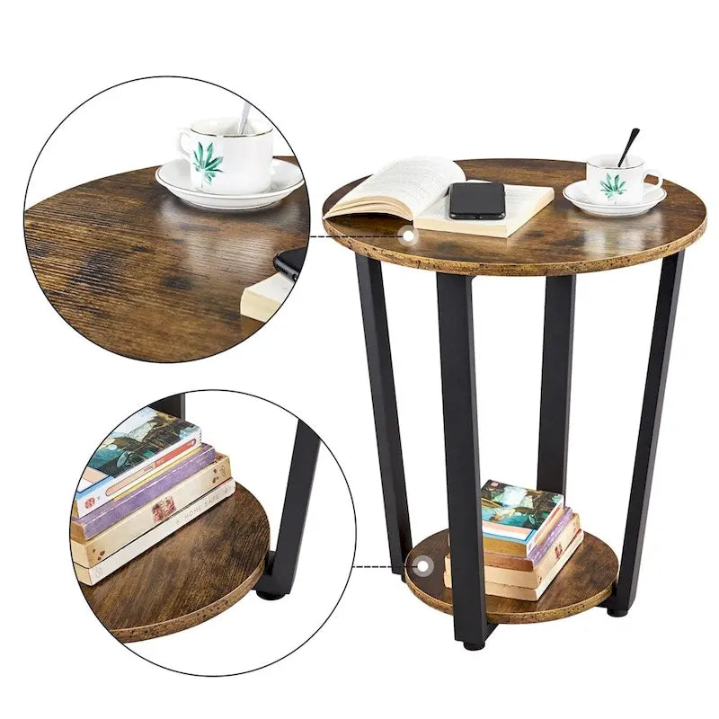 Metal Side Table Round End Table with Storage Rack