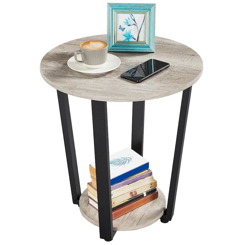 Metal Side Table Round End Table with Storage Rack