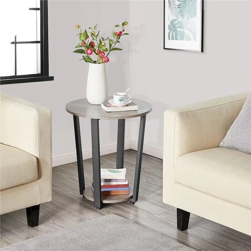 Metal Side Table Round End Table with Storage Rack