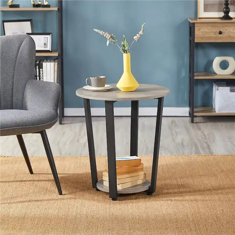 Metal Side Table Round End Table with Storage Rack