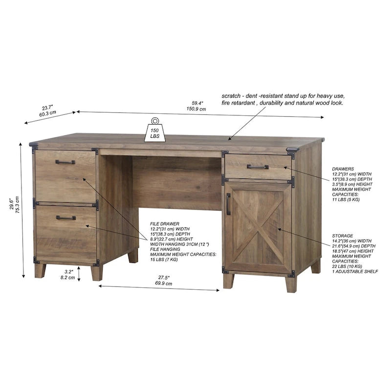 Rustikaler Eichen-Schreibtisch im Landhausstil für Führungskräfte
