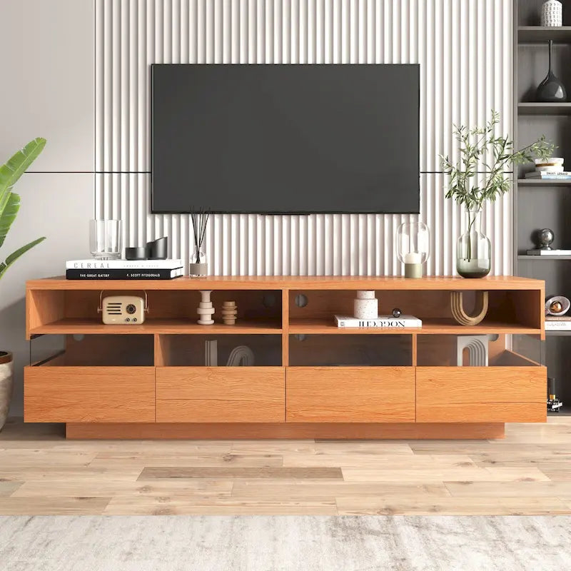 Modern TV with 4 Drawers& 2 open Cabinets, Media Console Table for TVs up to 75,Wood